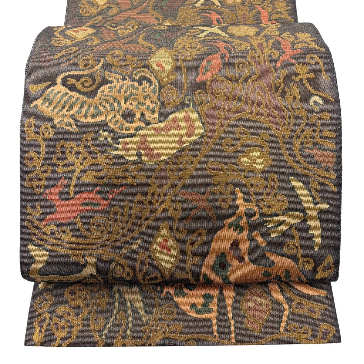 【美品】 袋帯 名品 木屋太 百獣文 草花 茶色 全通 正絹 【中古】