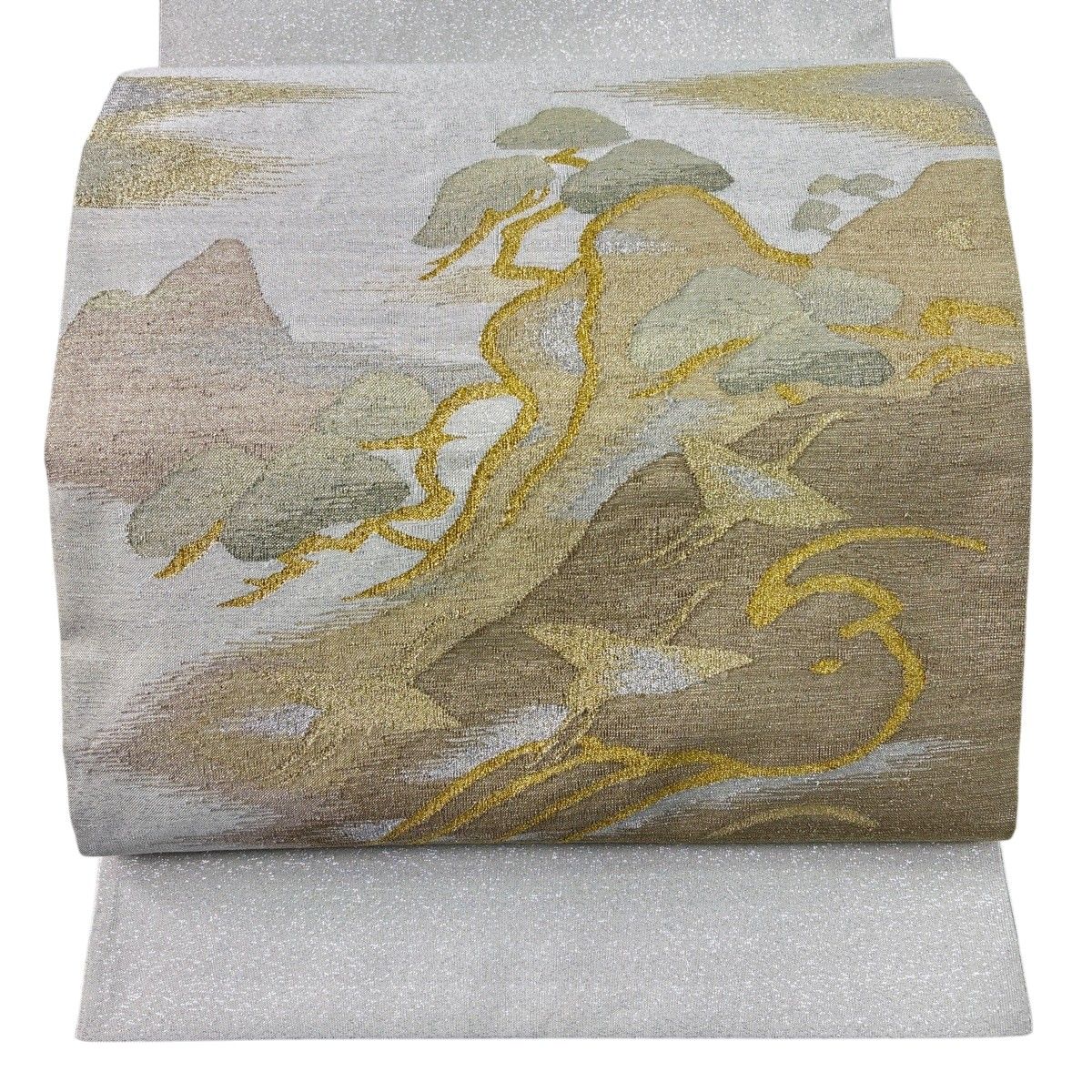 【美品】 袋帯 名品 鶴 松 金銀糸 灰白 お太鼓柄 正絹 【中古】