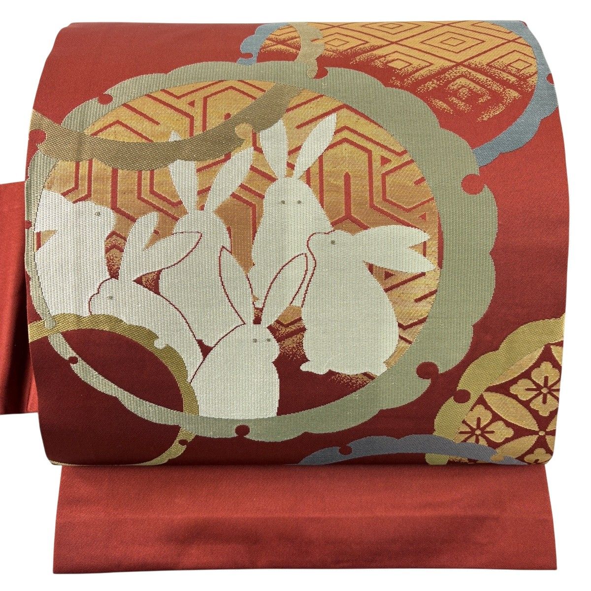 【美品】 名古屋帯 名品 雪輪 うさぎ 箔 朱色 正絹 【中古】