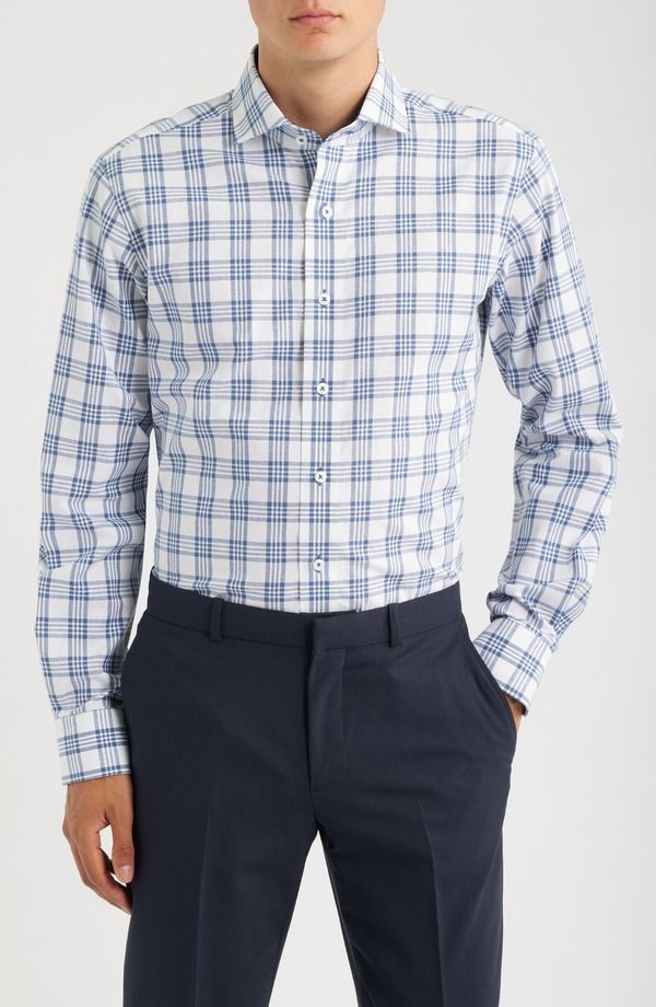 ロレンゾウオモ メンズ トップス シャツ コットン Lorenzo Uomo Trim Fit Plaid Cotton Dresshirt Navy White ホワイト