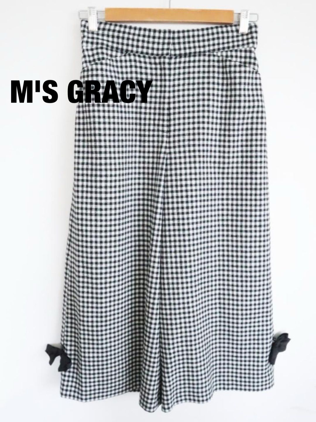 【2024年製】M'S GRACY　エムズグレイシー　ギンガムチェックワイドパンツ　2024年製　定価35200円　日本製　Sサイズ　３６　ブラック　オフホワイト　おしゃれ　美品　送料込み　6467801