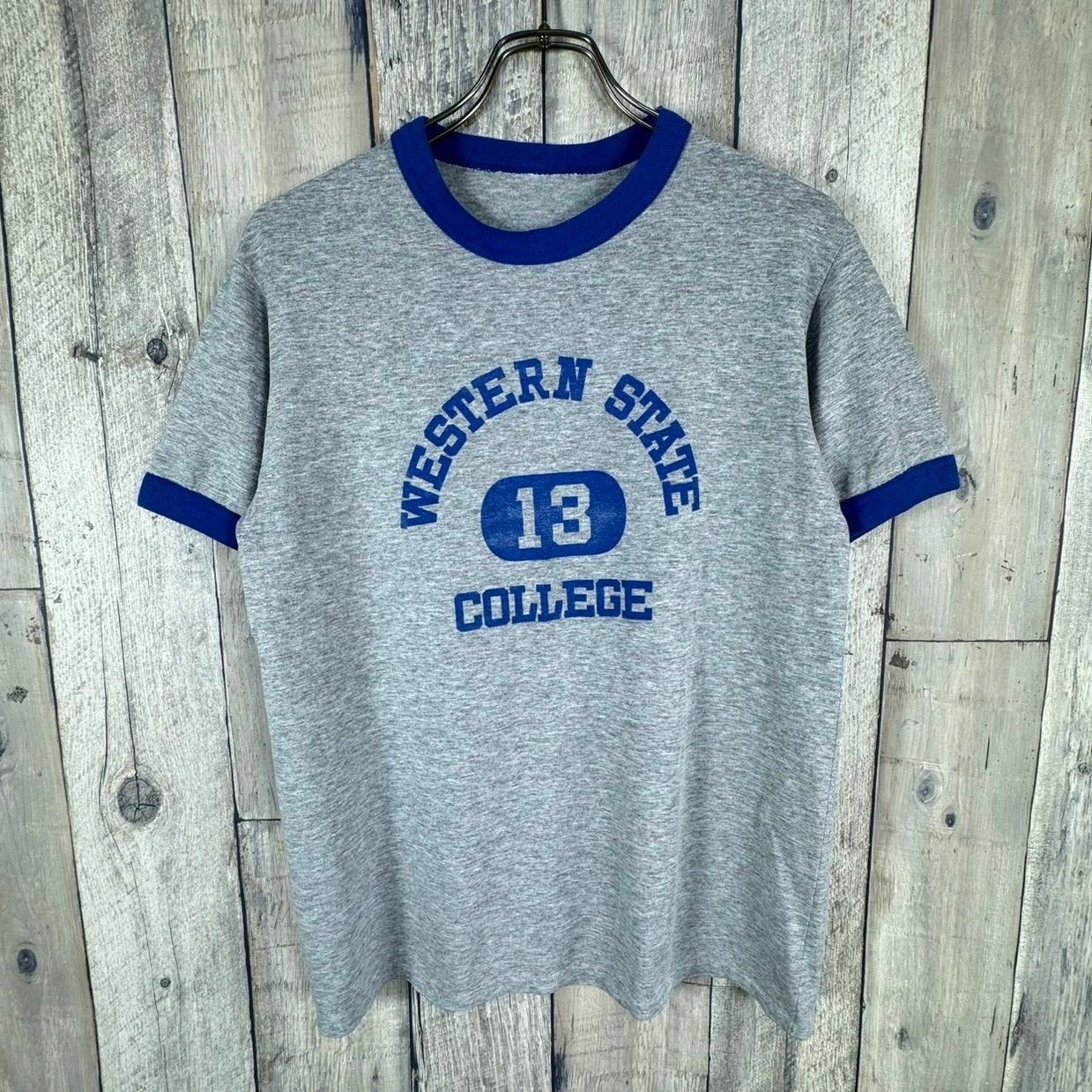 OLD unknown 80s ヴィンテージ グレー リンガーネック 染み込みプリント カレッジ 半袖 Tシャツ TEE