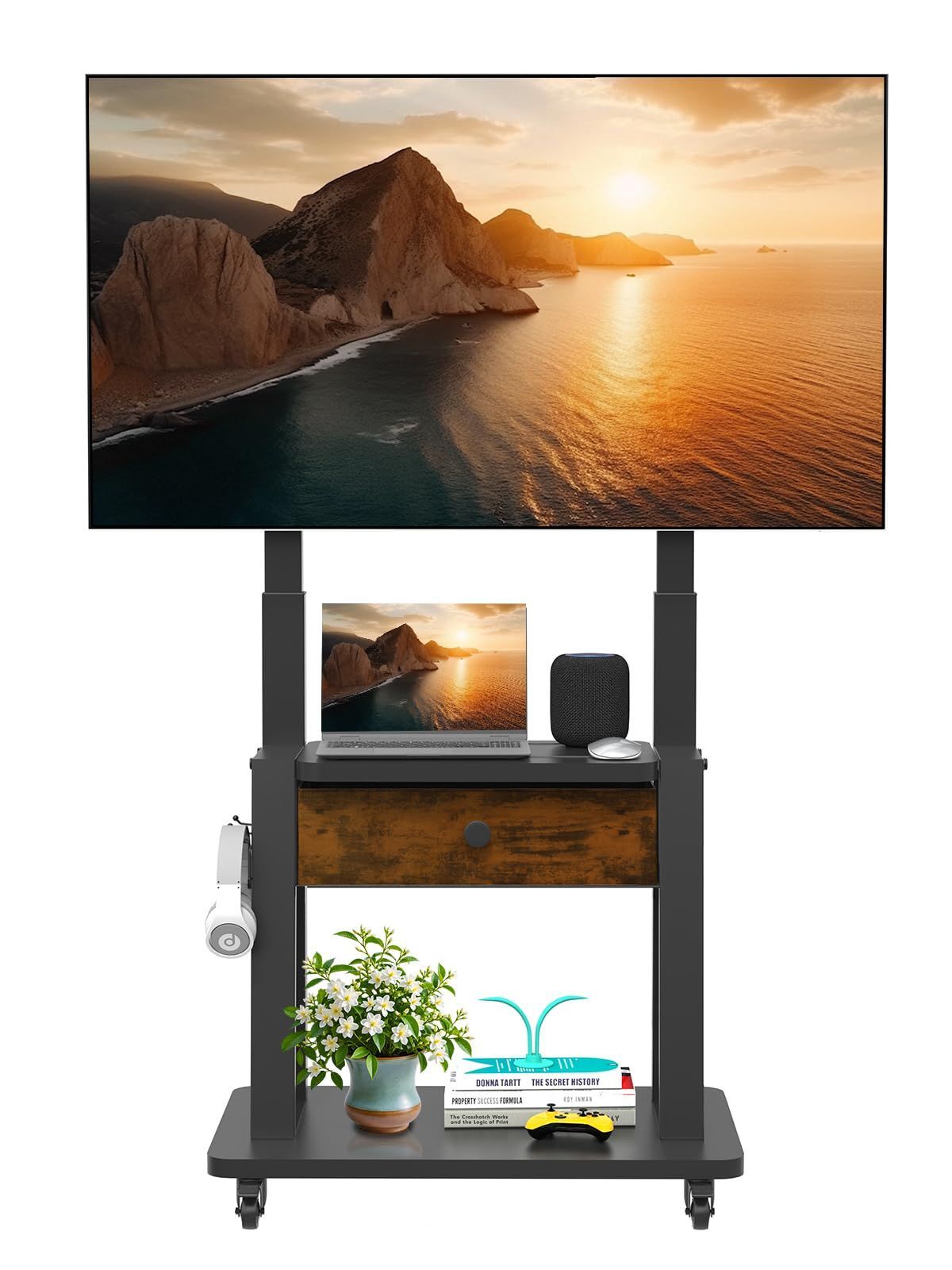 【数量限定】ファブリック引き出し収納付き 32~75インチのフラット/カーブスクリーン用 最大220ポンド LCD/LED/OLED 高さ調節可能 モバイルTVカート キャスター付きテレビスタンド キャスター付き ホームオフィス アウトドア Max VESA