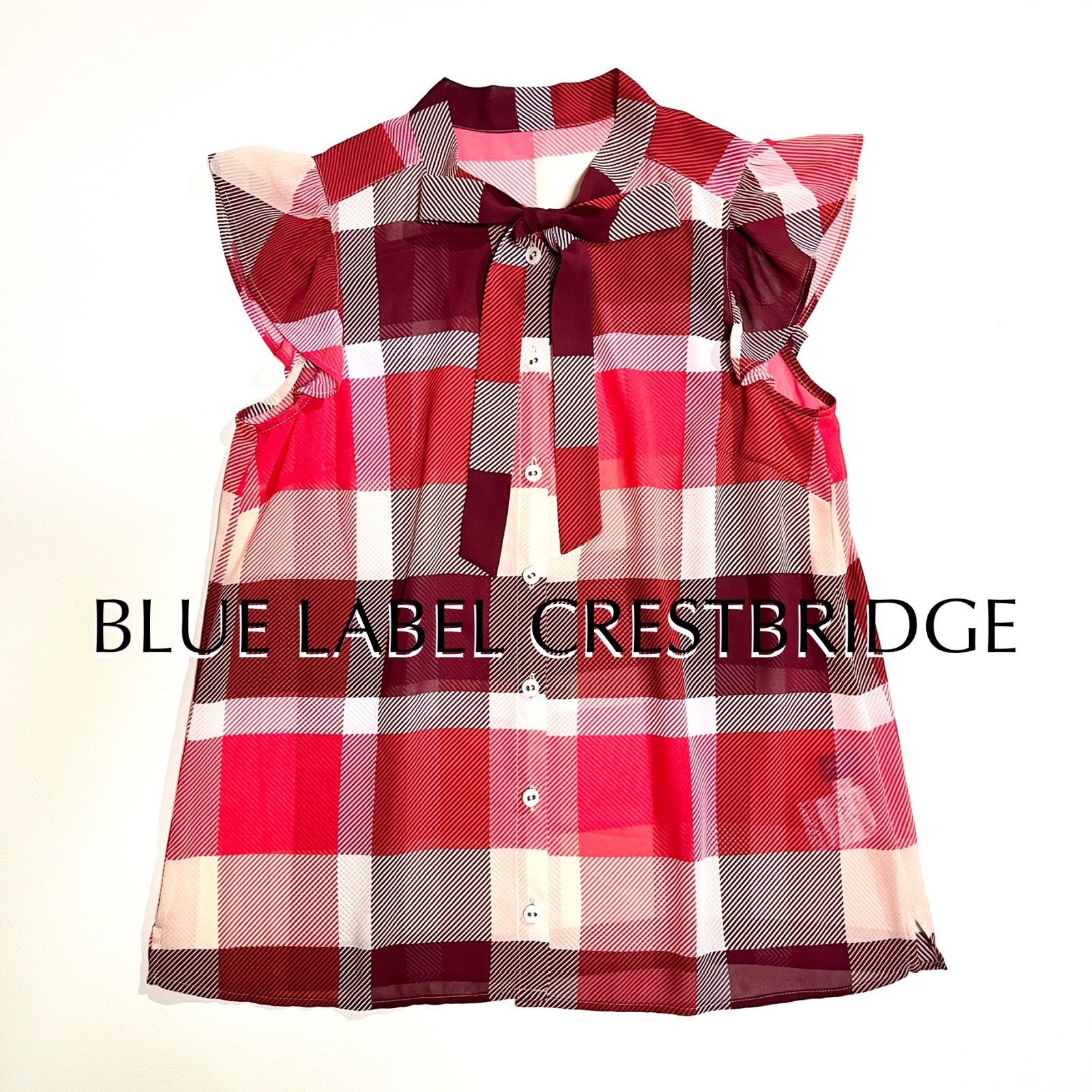 kT77 BLUE LABEL CRESTBRIDGE クレストブリッジチェックシフォンプリント ボウタイブラウス リボン シアー 赤 ブルーレーベルクレストブリッジ 定価19,800円