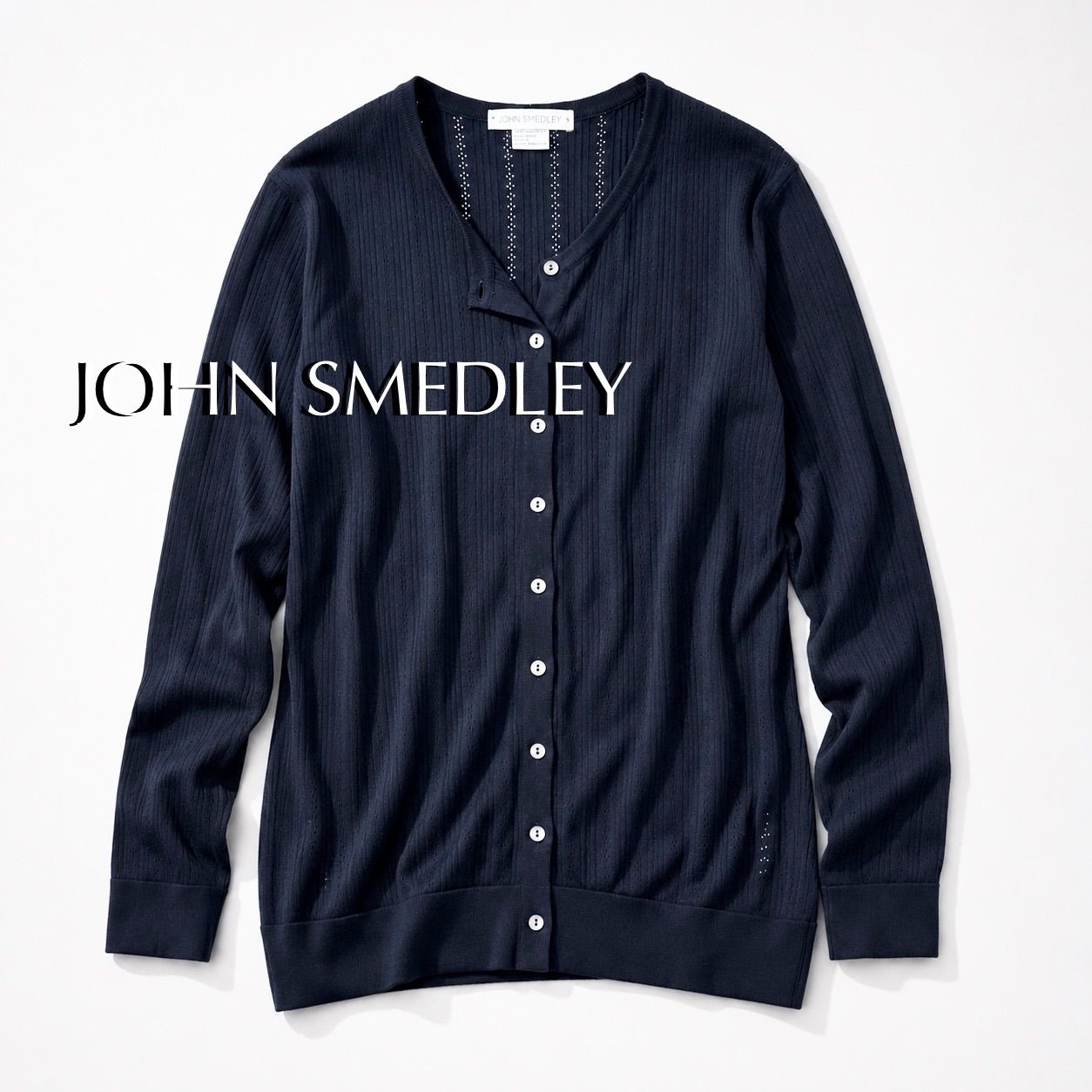 kT69 JOHN SMEDLEY 透かし編み カーディガン 長袖 綿 コットン セーター イングランド製 英国製 ブラック 黒 ジョンスメドレー