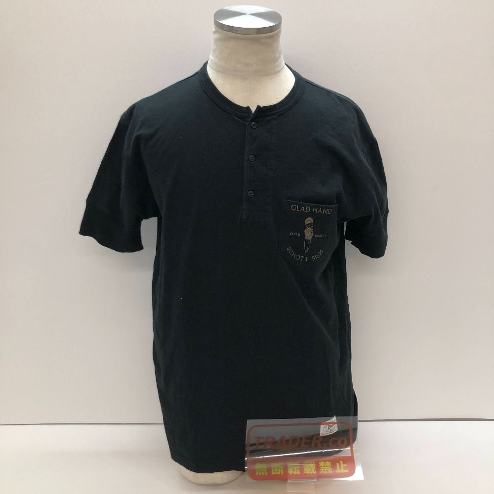 04w7039∞※【中古】 Schott × GLAD HAND ショット グラッドハンド BILL HEAD HENRY T-SHIRTS ビルヘッド ヘンリー Tシャツ 半袖 サイズL ブラック コットン 【八王子店】