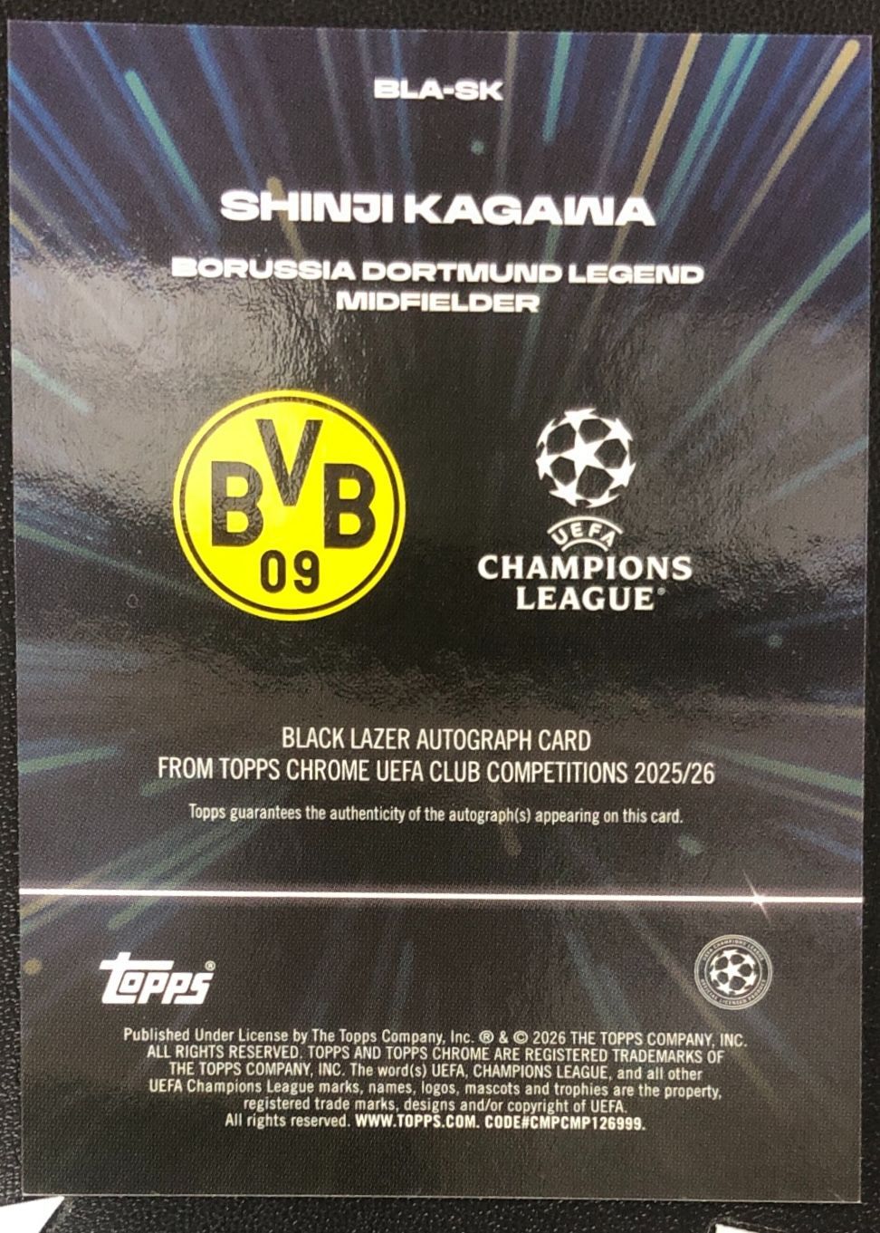 香川真司 Shinji Kagawa Topps Chrome UCC Black Lazer 2025-26 Auto 