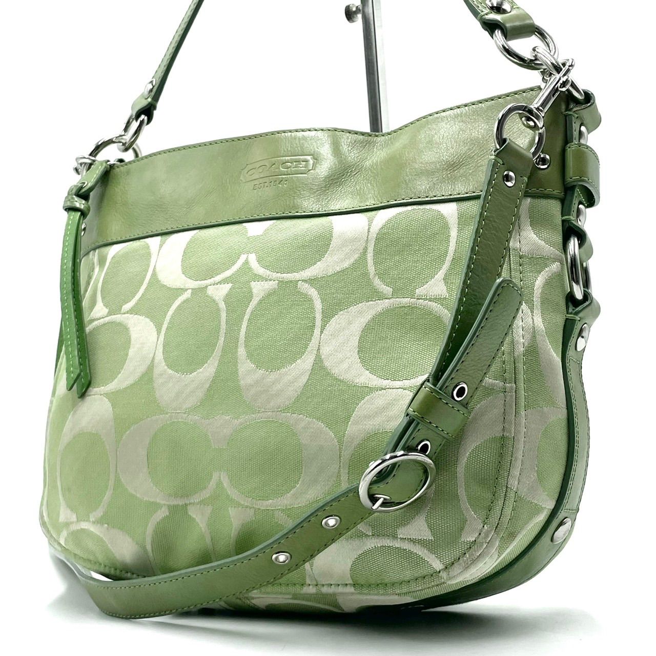 良品● COACH コーチ 2way ショルダーバッグ ワンショルダー シグネチャー グリーン キャンバス レザー F14708