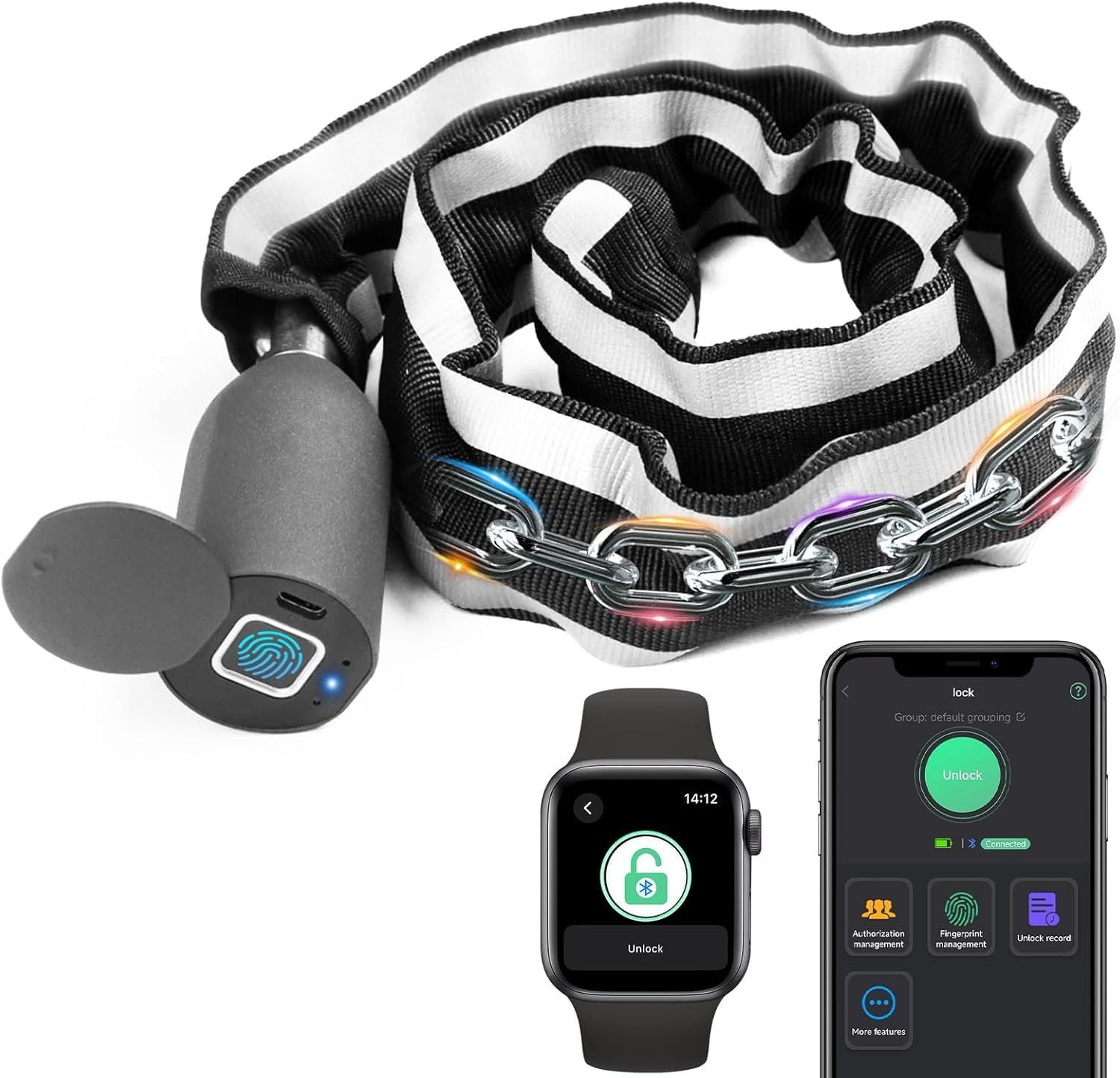 自転車 チェーンロック 自転車ロック スマートロック 指紋認証 スマホ連携 アップルウォッチ対応 長100cm USB充電式 低電力通知機能 IP67防水 盗難防止 自転車用品 C6BF-BL (黒と白)★m 43101868