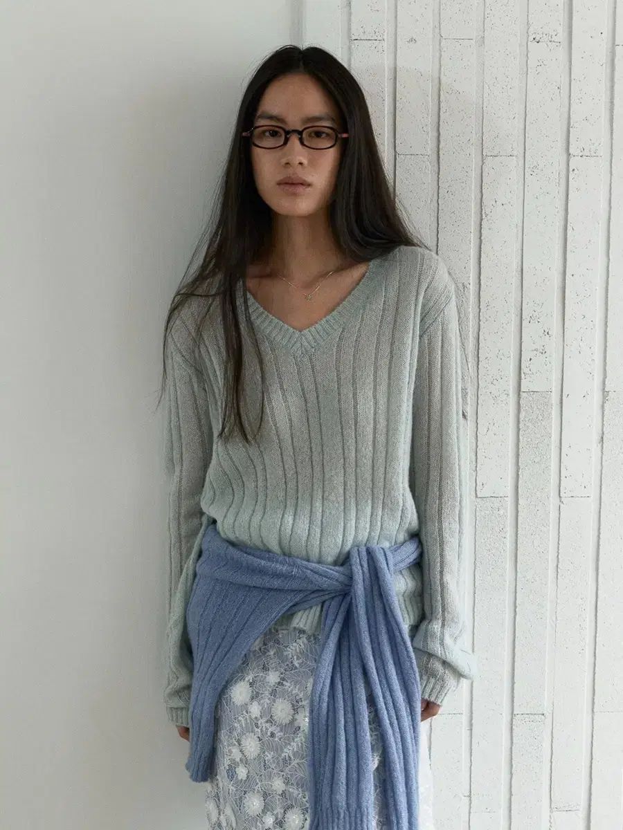 麻シアーVネックニット ミント
