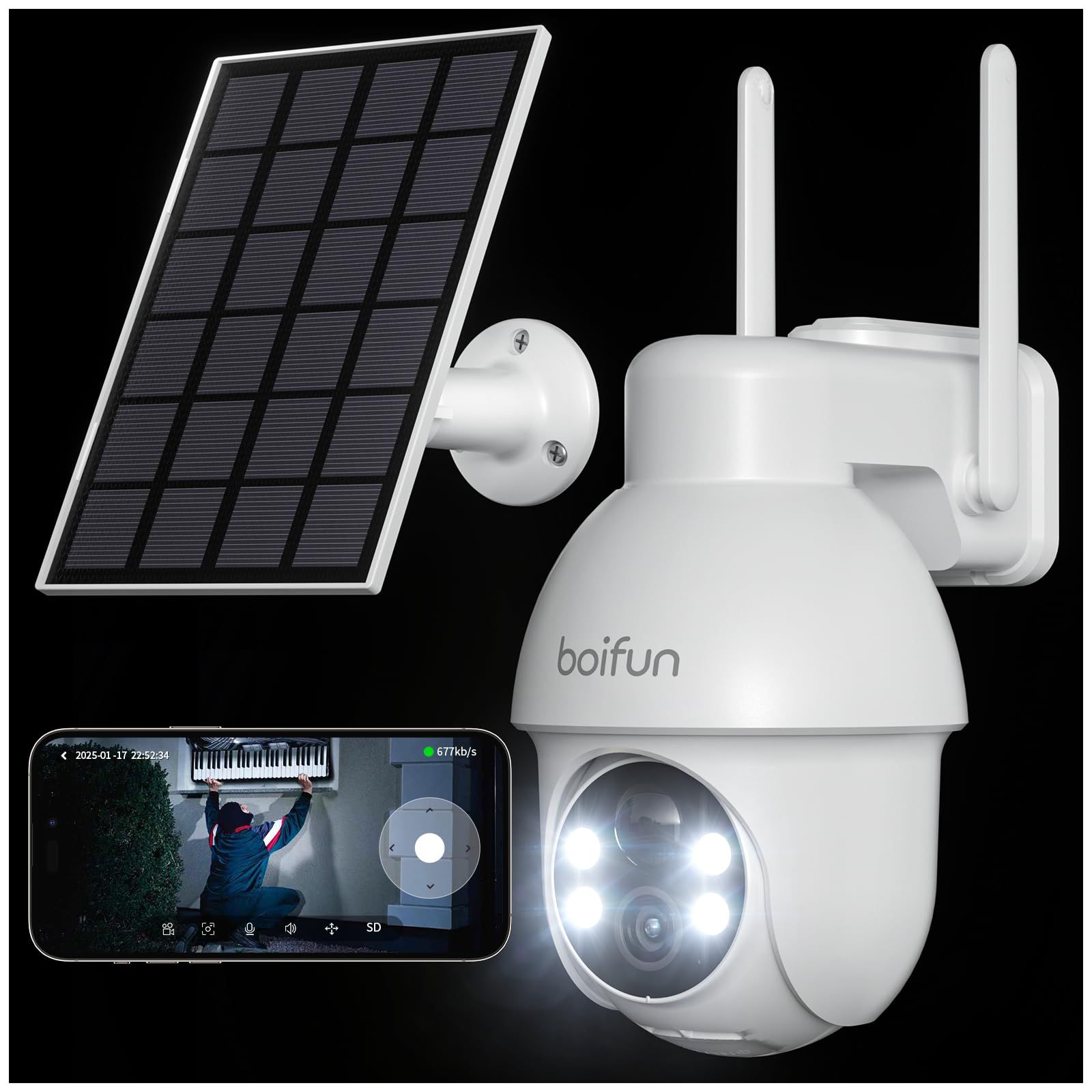 【2026PRO版500万画素・2年保証・天井/壁両用防犯カメラ】BOIFUN 防犯カメラ 屋外 ソーラー 電源不要/360°撮影/パンチルト フルカラー＆赤外線夜視 監視カメラ AI検知（人・ペット・車）Wifi強化 ワイヤレス バッテリー 42dd1fd7