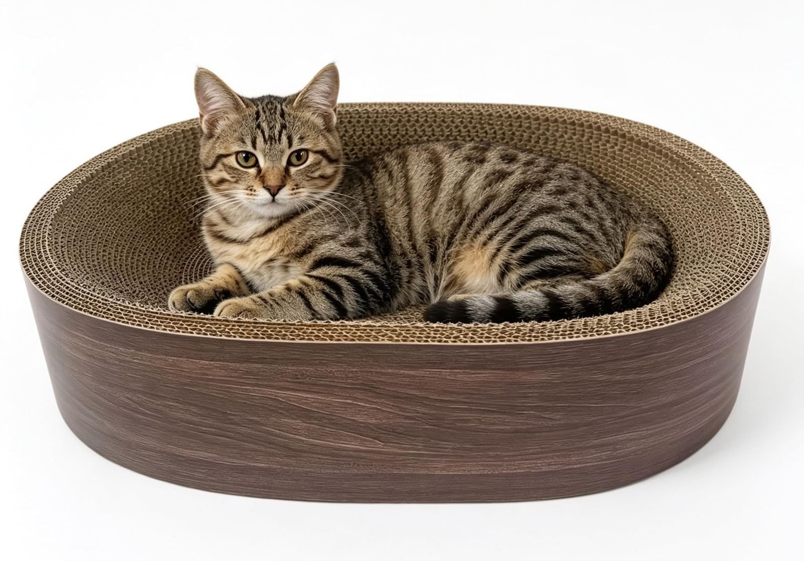 HAKOPE 猫用爪とぎ ベッド 楕円型 ふち付き 段ボール 木目調 くつろぎ