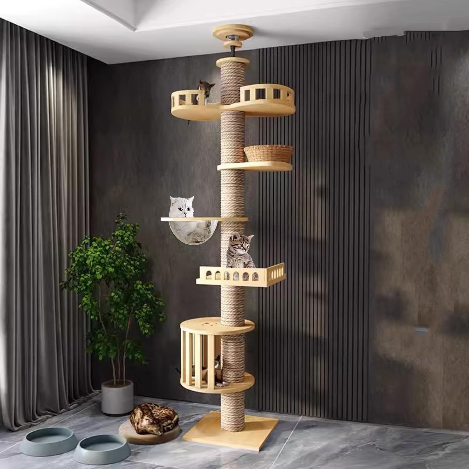 「2024年の新スタイル」Yinanroa タワーキャット,キャットタワー 大型猫用宇宙船、籐のバスケットとガードレールのある展望台付,キャットタワー 突っ張り,省スペース,スリム 爪とぎ 全縄巻き 運動不足 ストレス解消 太い支柱 多頭飼い 安定性良い 猫ツ