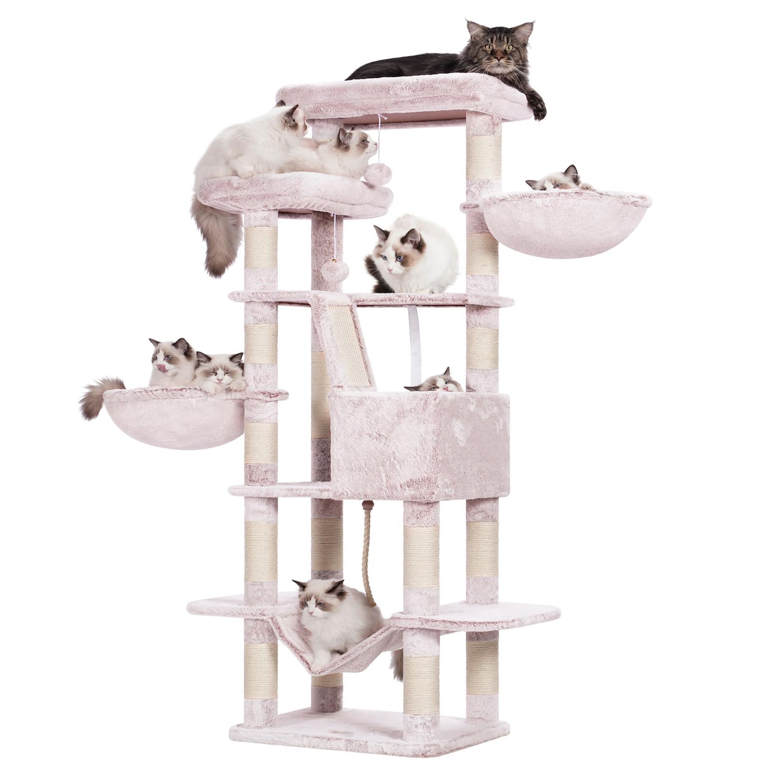 Heybly キャットタワー 大きな猫や多頭飼い 超スリム 据え置き型 省スペース 登りやすい ハンモック2つ 大きな見晴らし台 天然麻紐 爪研ぎ棒 高さ173cm ローズブラウン HCT025MU