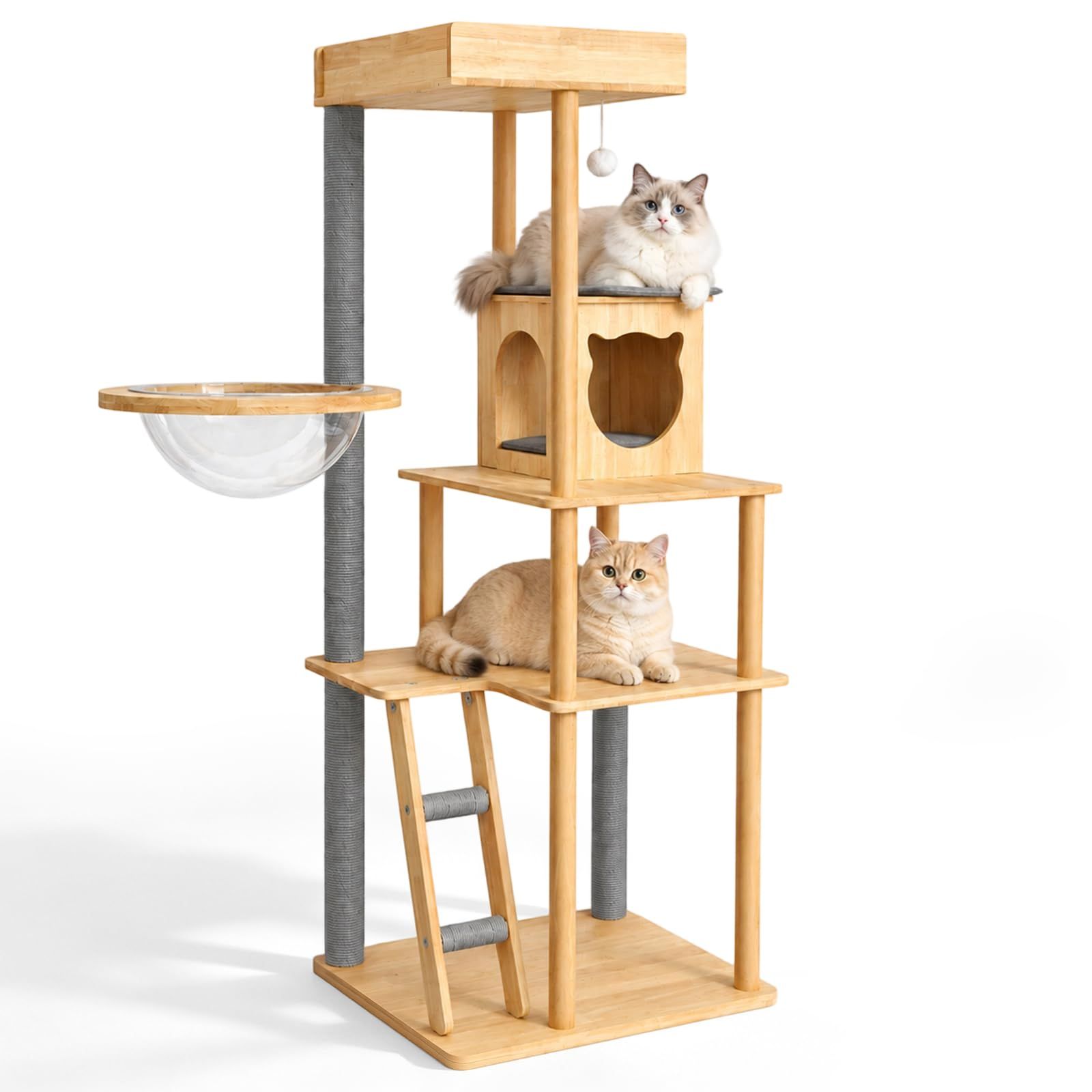 ChicKone キャットタワー 木製 大型猫用 人気 北欧風 猫タワー スリム 天然無垢材 大きな宇宙船付き 多頭飼い 爪とぎ キャットウォーク 据え置き 隠れ家付き 見晴らし台 シニア猫 安定感 お手入れ簡単 高さ約165cm (グレー)