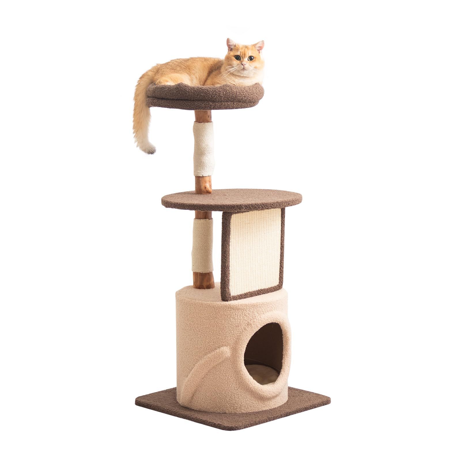 LULUCAT キャットタワー 木製 据え置き おしゃれ 多頭飼い 登りやすい 小型 低い 見晴台 スリム 猫タワー 省スペース 重厚感 子猫 爪研ぎ 麻紐 暖かい 隠れ家 コットン紐 キャットツリー コンパクト 猫ハウス 安定 運動不足解消 ふわふわ インテ