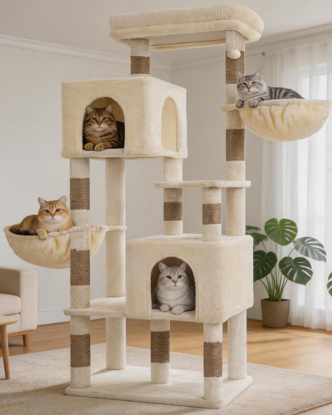 Heybly キャットタワー 173cm 大型猫対応 据え置き 猫タワー 多頭飼い キャットツリー 猫ハウス2個 ハンモック2個 爪とぎポール10本 ワイド天板 広い土台 多段ステップ 安定設計 室内猫 運動不足解消 ベージュ HCT059MJ