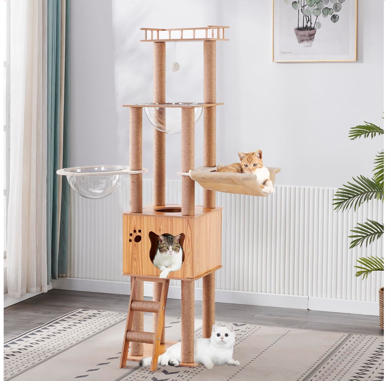 Yinanroa 155CM キャットタワー 宇宙船-キャットハウス,カプセル 爪とぎ -猫タワー 爪研ぎ おしゃれ 大型猫 ??猫-2 ボウル,1 バスケット,1ダングルボール,1 展望台,1 階段-キャットタワー木製.