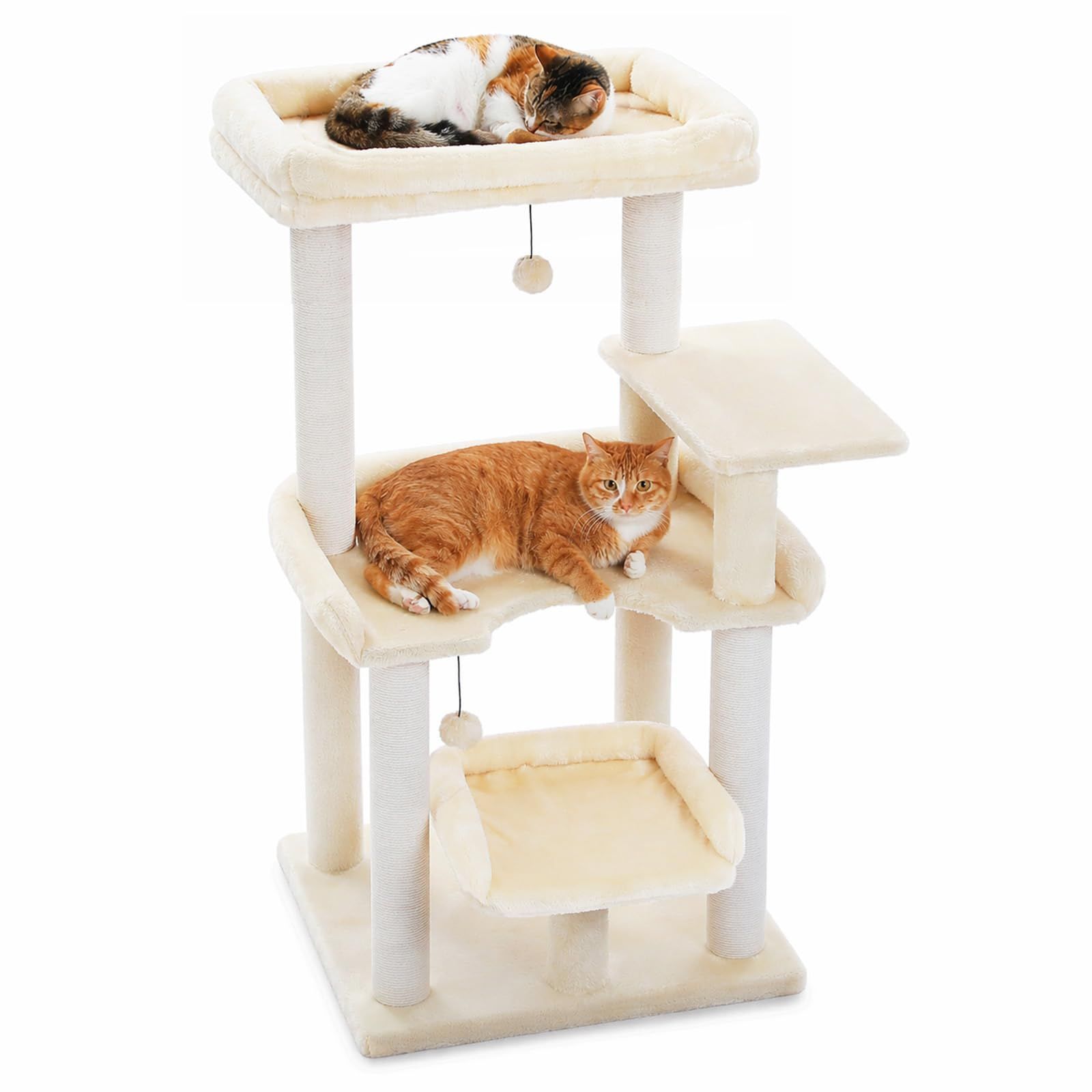 PAWZ Road キャットタワー 猫タワー スリム シニア猫 ネコ 低い 安定感重視 省スペース 大型猫用 シンプル おしゃれ ねこ 多頭飼い 運動不足解消 猫爪研ぎ 麻紐 猫ベッド おもちゃ 巨大土台 据え置き 置き型 組立簡単 人気 - ベージュ 高さ1
