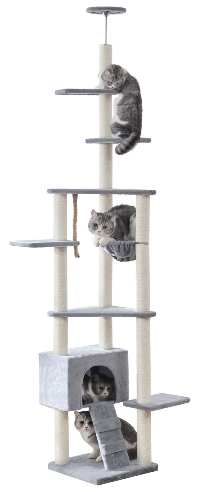 「全面ジュート巻き」U-Yocanpet キャットタワー 突っ張り 高さ調整幅240-260cm 猫タワー 3本支柱 強い安定性 スリム 省スペース 爪とぎ柱 ハンモック付き 隠れ家 多頭飼い 運動不足 ストレス解消 ライトグレー