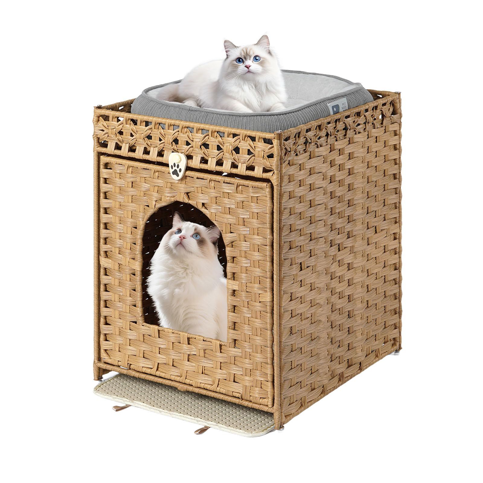 GIIPET 猫 ベッド キャットハウス 手編み藤製ダブルデザインキャットハウス&猫砂箱 猫トイレカバー 猫砂ボックス収納家具 大容量・通気性 防水・防晒・簡単設置 夜台/サイドテーブルにもなる多機能ペットハウス 53x43x57cm 折りたたみ式 (ブラウン