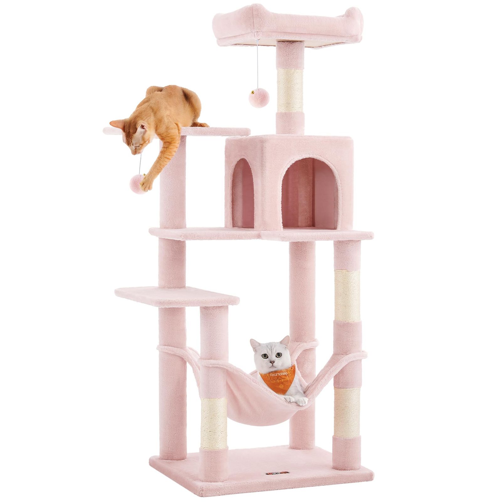 FEANDREA キャットタワー スリム 猫タワー ハンモック 耐荷重15kg 大型猫用 おしゃれ 多頭飼い 爪とぎ 天然サイザル麻紐 高さ143CM ピンクPCT161P01ry