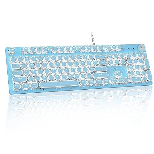 【新品】有線パンクキーボード メカニカルキーボードノブ付き レトロなラウンドキーキャップ タイプライター 青軸 104キー フルキーアンチゴースト 白色LED 25種類のバックライトモード USB有線コンピュータキーボード Windows X 87dfcfe3