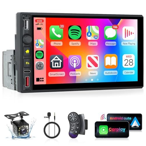 ワイヤレス CarPlay、Android Auto 1DIN カーステレオ（車載ラジオ）Hodozzy の 7 インチタッチスクリーン付き 1DIN カーラジオで、Bluetooth、FM ラジオ、ミラーリンク、USB/Type-C 入力、 8071e4ca