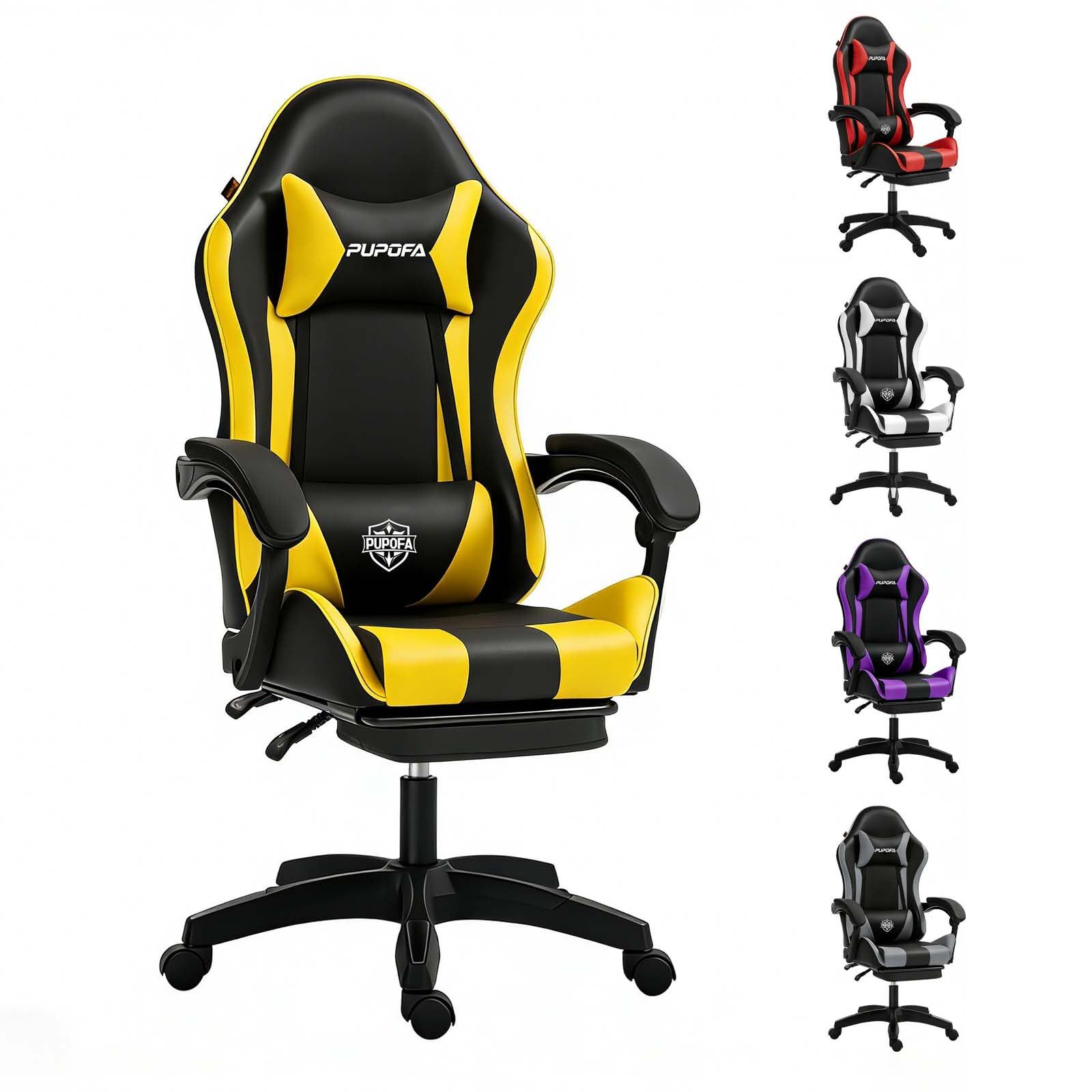☆新品☆ゲーミングチェア オットマン付き 高級PUレザー 135°リクライニング 調節可能 ランバーサポート デスク・オフィス・在宅勤務用 (ブラック×イエロー) dcdb0158