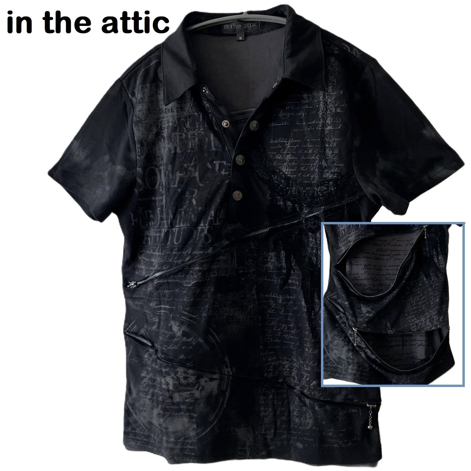 iin the attic　インジアティック　 ポロシャツ 　ブラック　黒　M in the attic/インジアティック】半袖ポロシャツ プリントシャツ ZIP