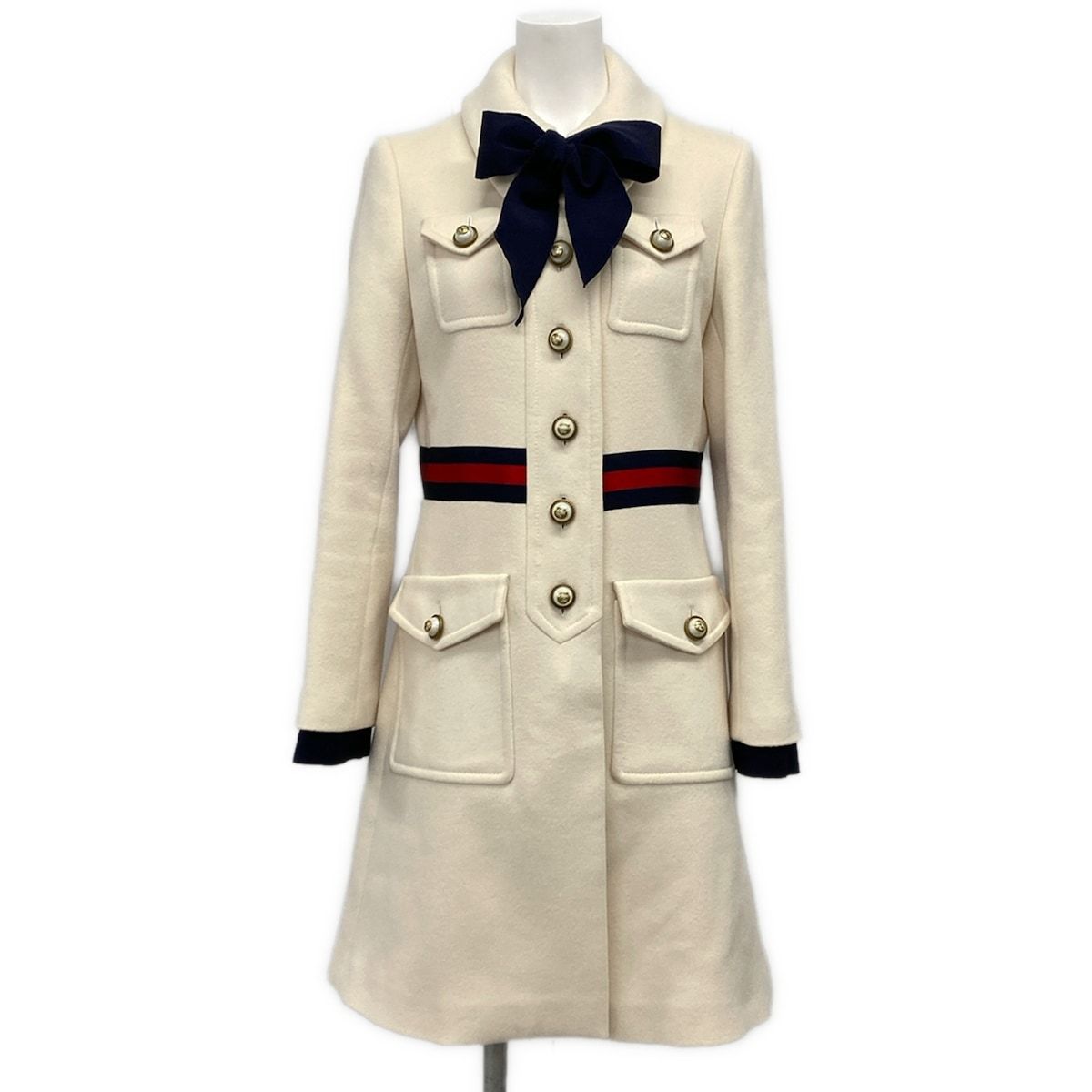 グッチ コート サイズ38 S レディース美品 - 448610 ZHW03 アイボリー×ダークネイビー×レッド 長袖/リボン/フェイクパールボタン/秋/冬