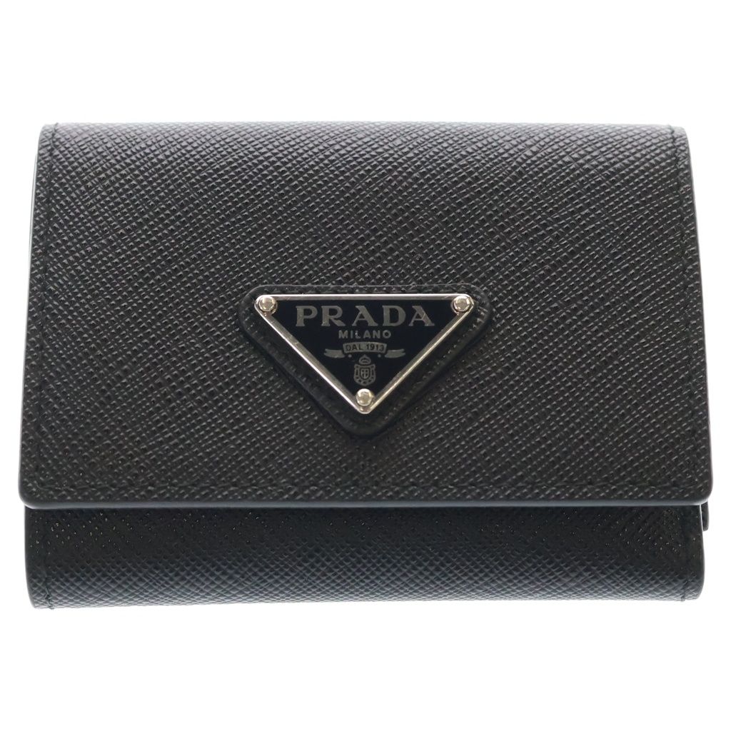 PRADA (プラダ) サフィアーノトライアングルロゴ レザー 三つ折り財布 コンパクトウォレット 2MH042 ブラック