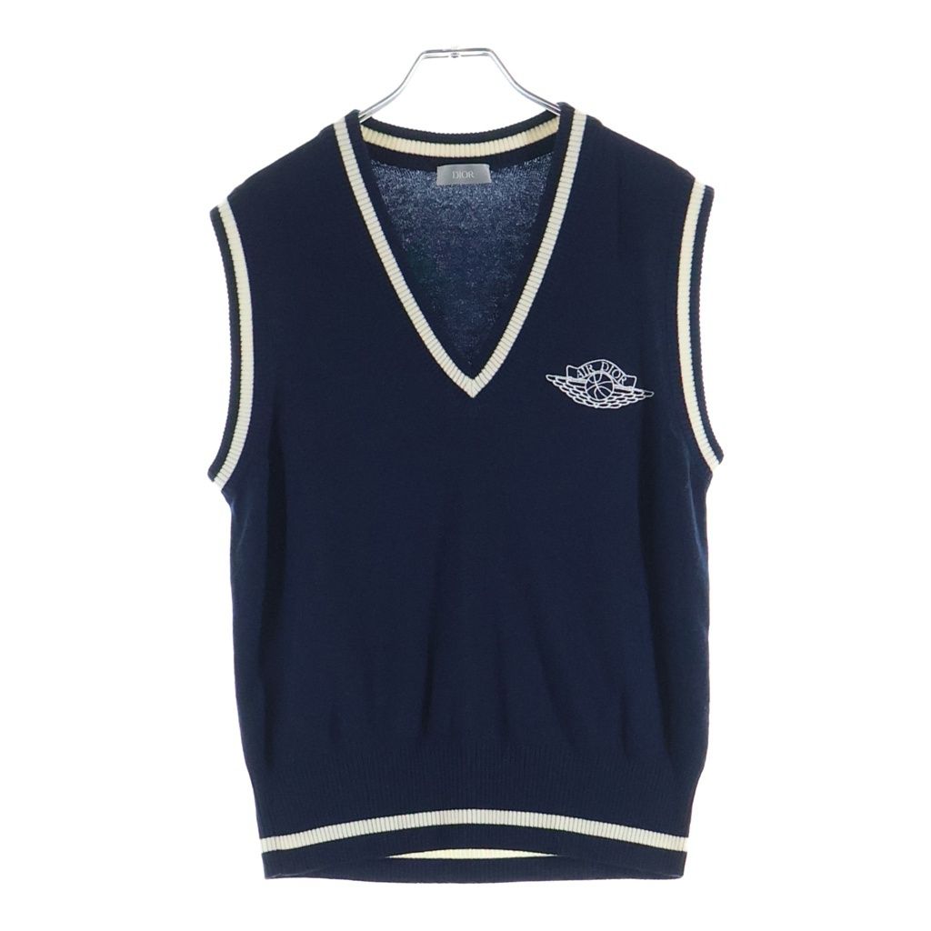 DIOR (ディオール) ×AIR JORDAN SLEEVELESS SWEATER 033M606AT143 ×エアジョーダン ロゴ刺繍 Vネック カシミヤニットベスト ネイビー