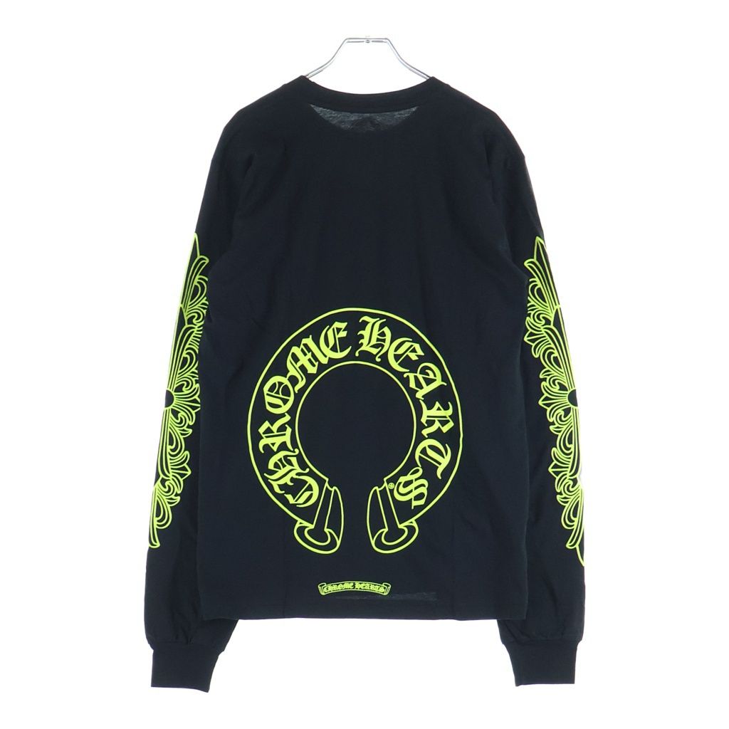 CHROME HEARTS (クロムハーツ) 袖フローラルクロス ホースシュー プリント クルーネック 長袖Tシャツ ブラック/ライトグリーン