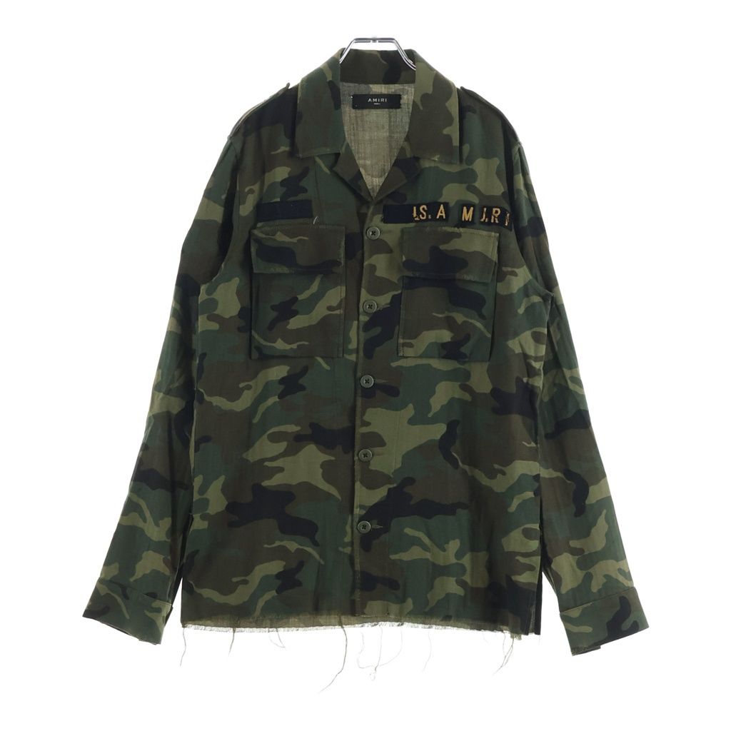 AMIRI (アミリ) カシミヤ混 カットオフ パッチ オープンカラー ミリタリー 長袖シャツ カーキ