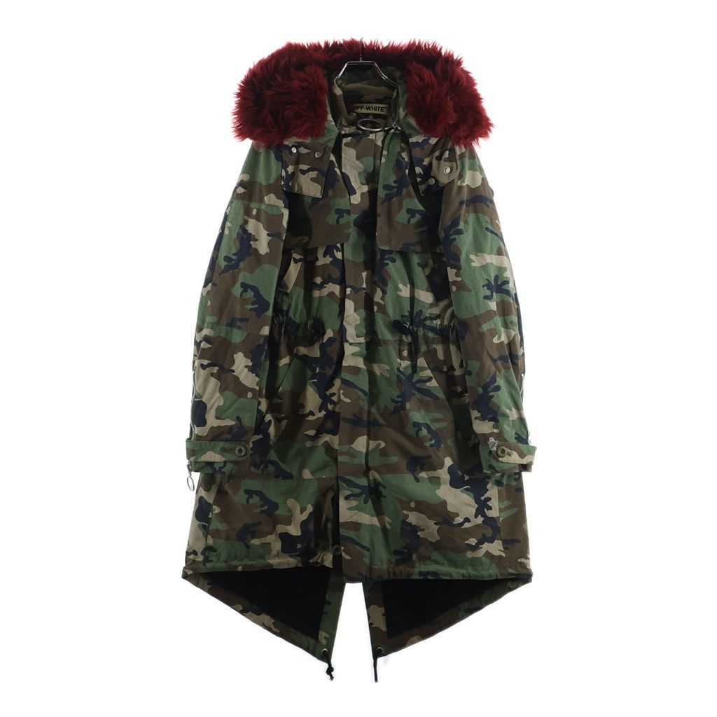 OFF-WHITE (オフホワイト) ファー付き カモ柄 リップストップ ミリタリー モッズコート カーキ