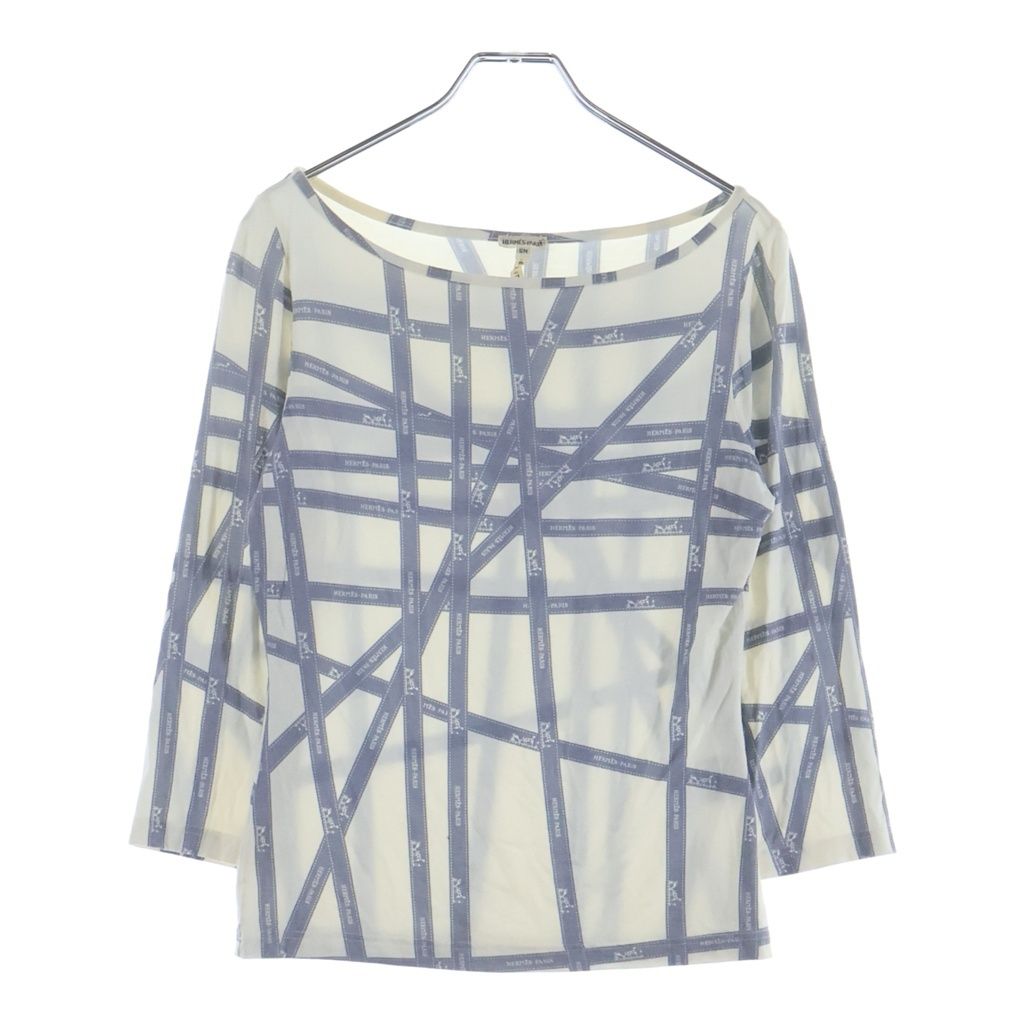 HERMES (エルメス) ボルデュック リボン柄 レーヨン 長袖Tシャツ カットソー ホワイト/グレー レディース