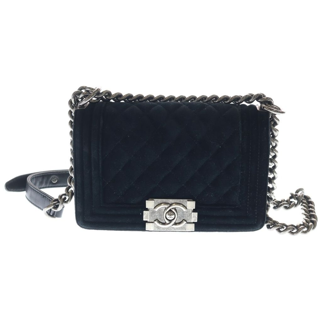 CHANEL (シャネル) ボーイシャネル ベロア ショルダーバッグ チェーンバッグ ブラック シルバー金具