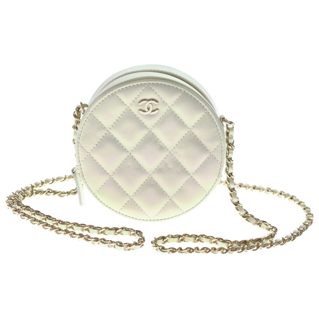CHANEL (シャネル) ココマーク マトラッセ ラウンド チェーンショルダーバッグ ミニバッグ ホワイト オーロラ レザー ゴールド金具