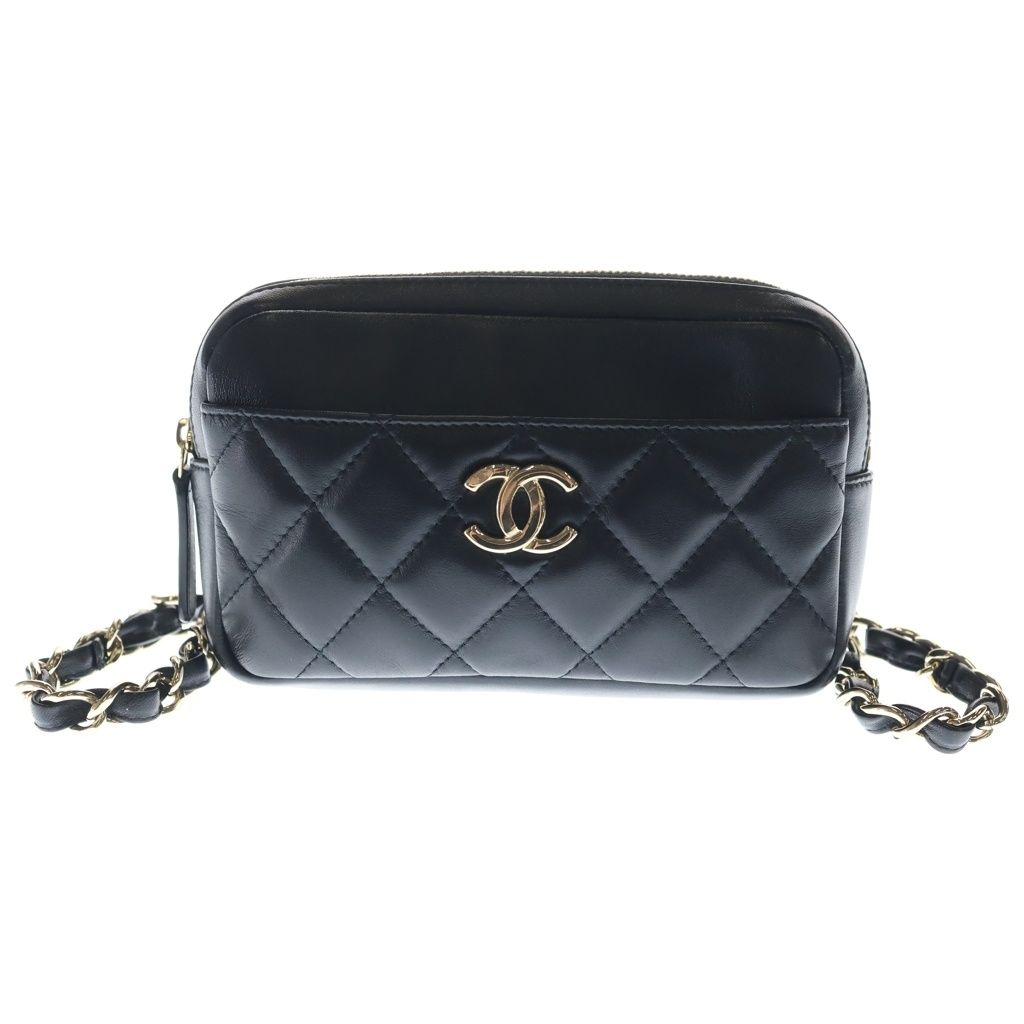 CHANEL (シャネル) マトラッセ ラムスキン レザー ショルダー ウエスト ミニ バッグ ブラック ゴールド金具 29番台 AP1192