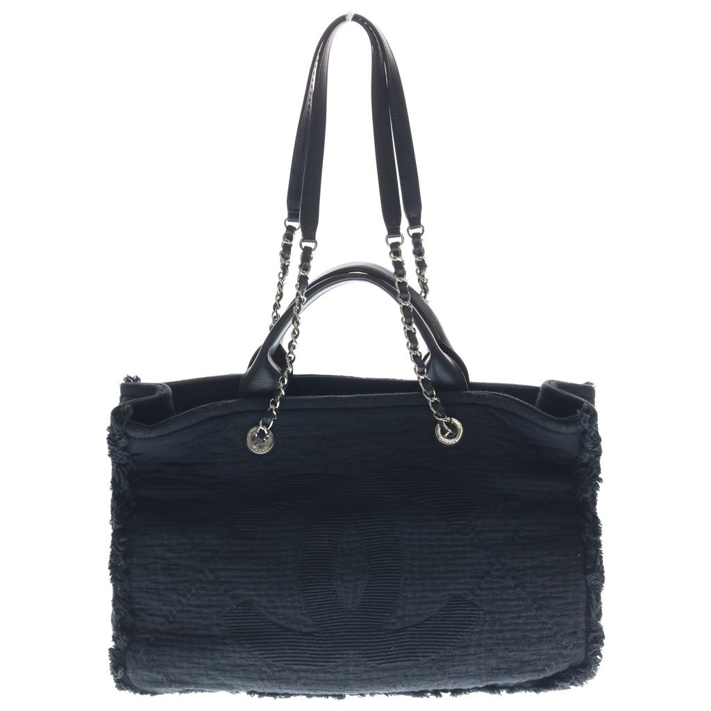 CHANEL (シャネル) ドーヴィル ラージ チェーントートバッグ ブラック キャンバス シルバー金具 A57180