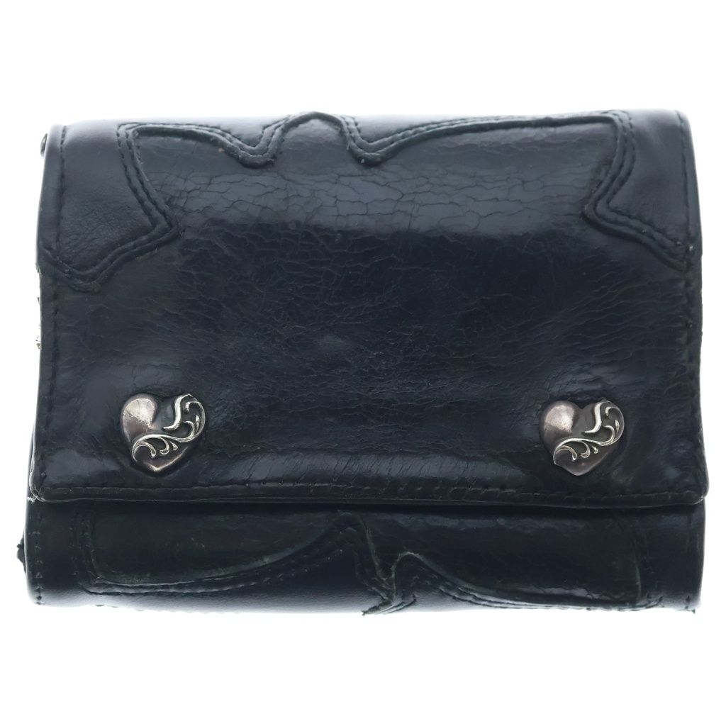 CHROME HEARTS (クロムハーツ) 3FOLD 3フォールド ハートボールボタン クロスパッチ レザーウォレット 財布 ブラック