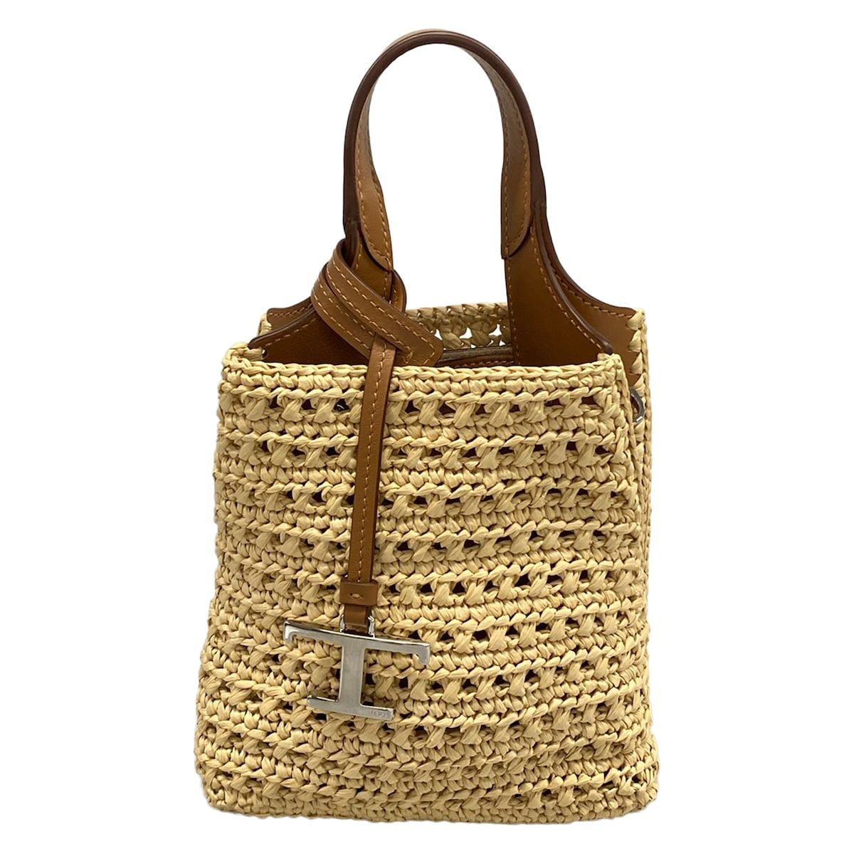 TOD'S(トッズ) ハンドバッグ美品 Tタイムレス マイクロ ベージュ×ダークブラウン かごバッグ/ミニサイズ レザー