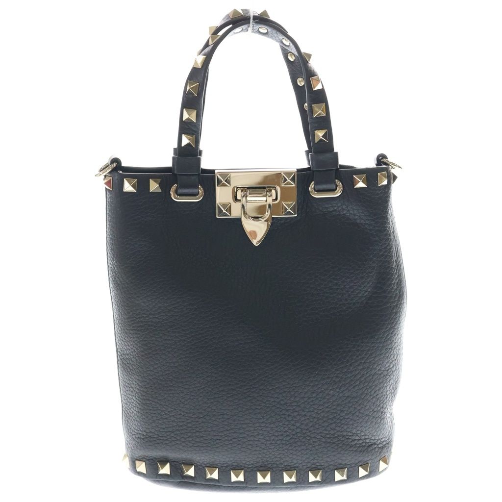 VALENTINO (ヴァレンティノ) ロックスタッズ レザー 2WAY ハンド ショルダーバッグ ゴールド金具 ブラック