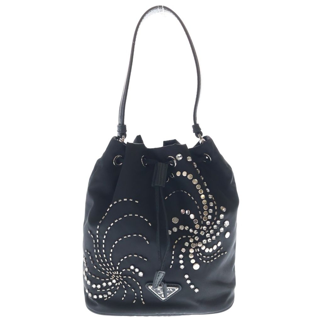 PRADA (プラダ) リナイロン トライアングルロゴ ラインストーンバケットバッグ 2WAYバッグ ショルダーバッグ ハンドバッグ ブラック ナイロン 1BE067 シルバー金具 レディース 95,288円