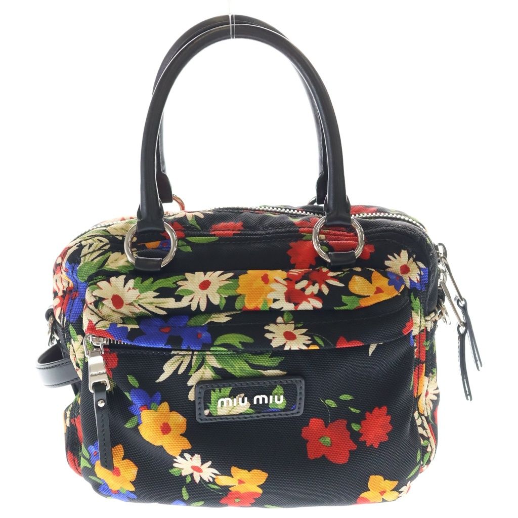 miumiu (ミュウミュウ) フラワープリント 2WAYショルダーバッグ ハンドバッグ ブラック×マルチカラー キャンバス 5BB070 シルバー金具