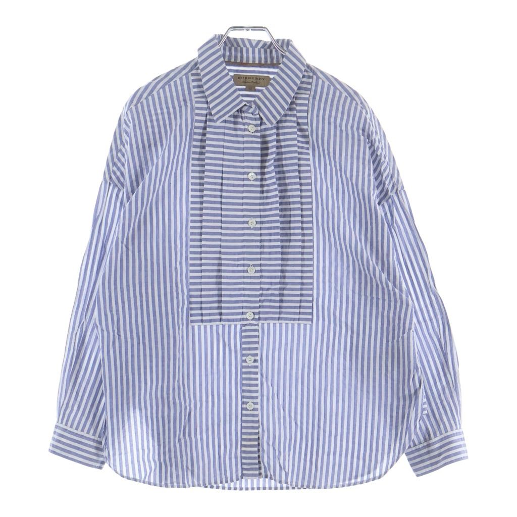 BURBERRY (バーバリー) フロントプリーツデザイン ストライプ長袖シャツ ボタンダウン コットン ホワイト/ブルー 4048443