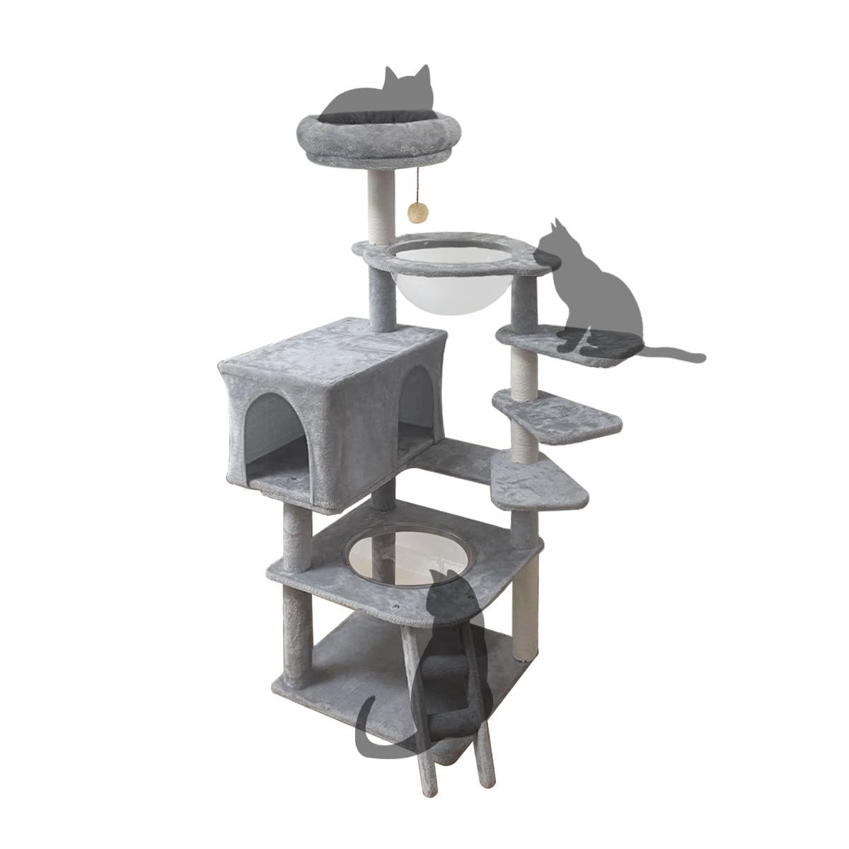 RAKU 猫タワー 木製キャットタワー 据え置き 大型猫 スタンダード式 猫キャットタワー 多頭飼い ねこ部屋付き 安定性 組み立て簡単 日本語説明書付き (グレー)ry