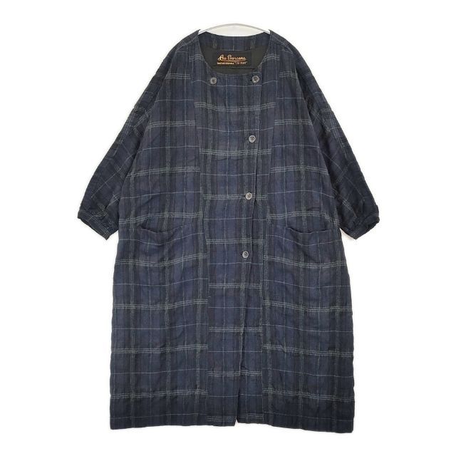 AU GARCONS ノーカラーコート チェック コットンウールリネン コート ネイビー グリーン レディース オーギャルソン【中古】6-0606M∞