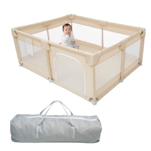 (ケラッタ) ベビーサークル メッシュ 赤ちゃん 組み立て動画 高さ65cm 収納袋付き 吸盤付き 工具不要 大きめ 小さめ ベビー (ベージュ, 160×120)ry